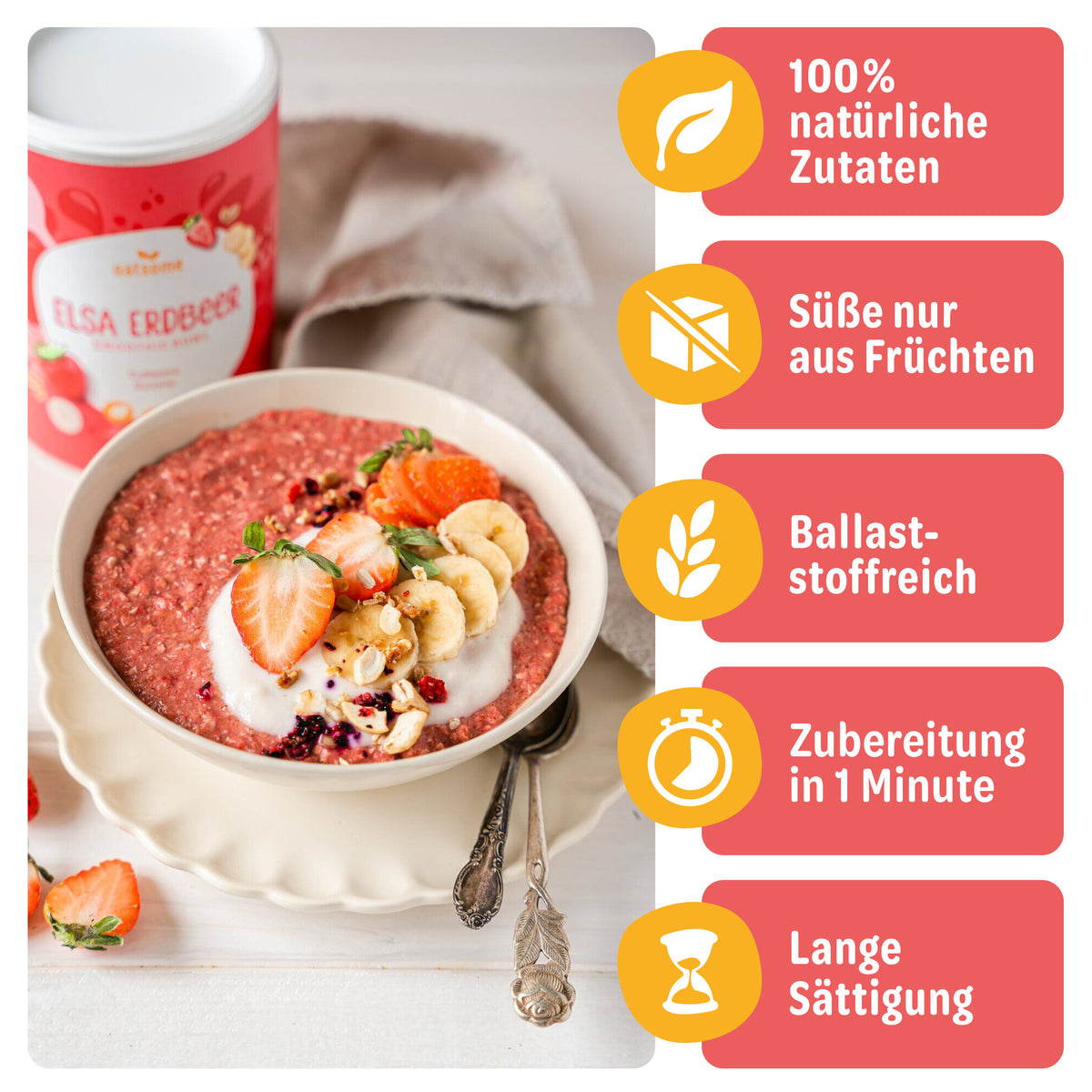 Elsa Erdbeer Smoothie Bowl mit Toppings und Produktvorteilen
