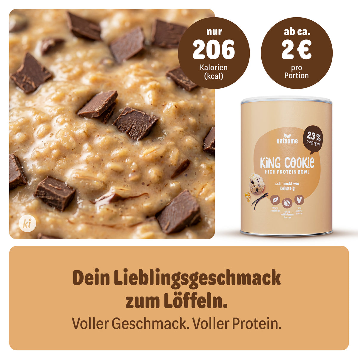 King Cookie High Protein Bowl in Nahaufnahme mit Schokostückchen