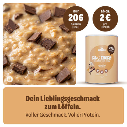 King Cookie High Protein Bowl in Nahaufnahme mit Schokostückchen