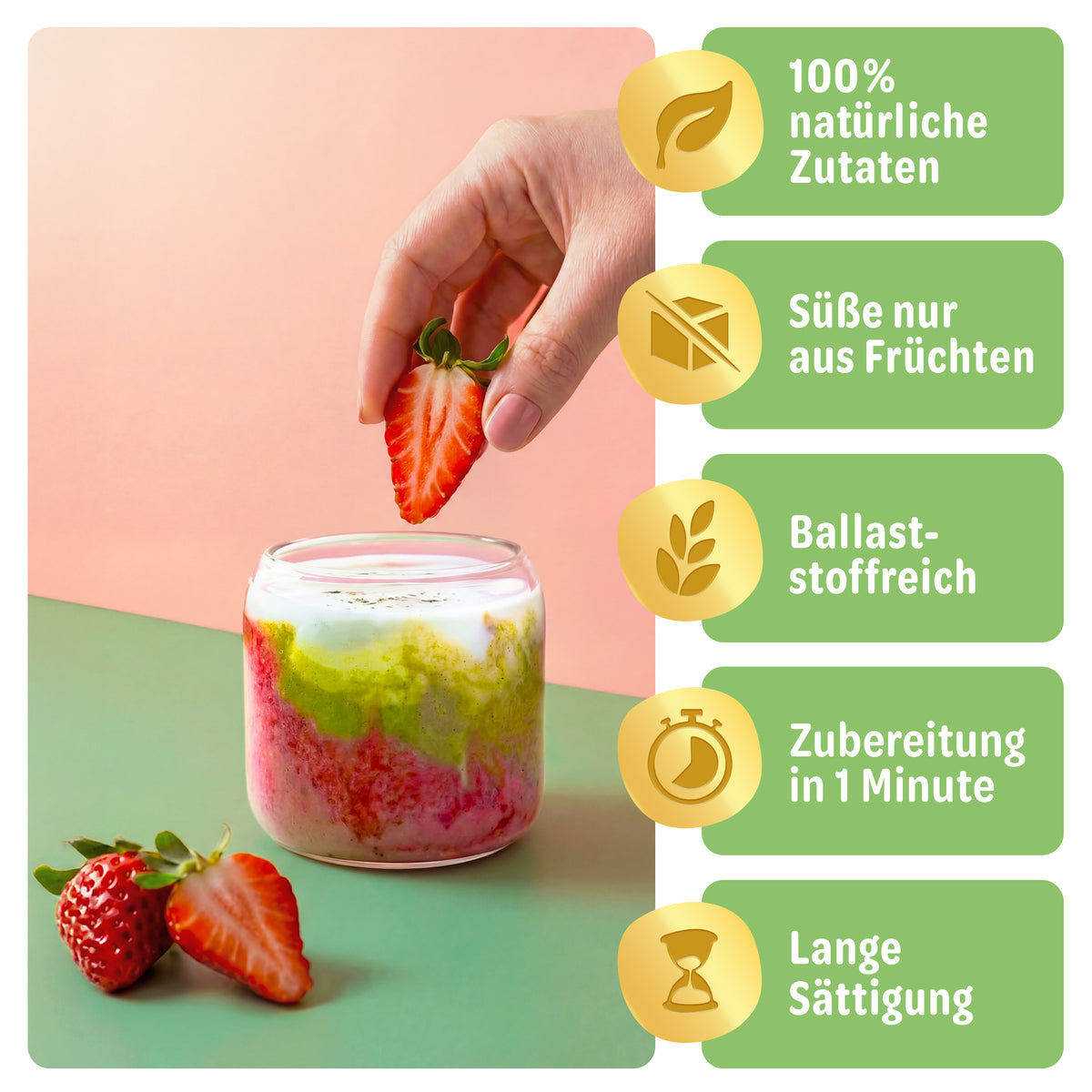 Matcha Morning im Glas mit Erdbeeren, mit Produktvorteilen