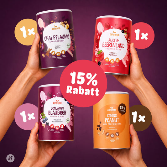 Fall in Love Set: Chai Pflaume, Alice im Beerenland, Benjamin Blaubeer und Strong Peanut High Protein Bowl mit 15 % Rabatt