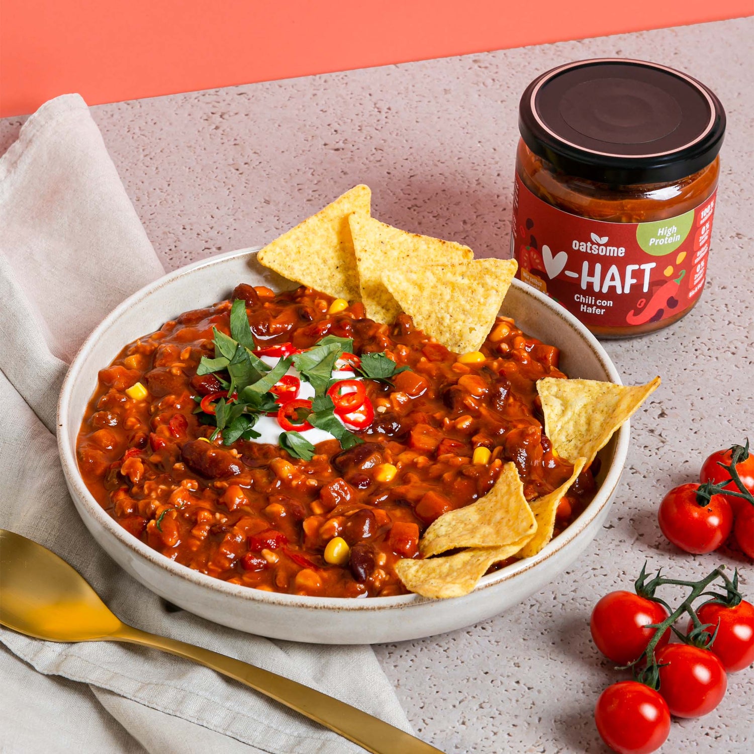 Zubereitetes Herzhaft Glas - Chili con Hafer Bowl