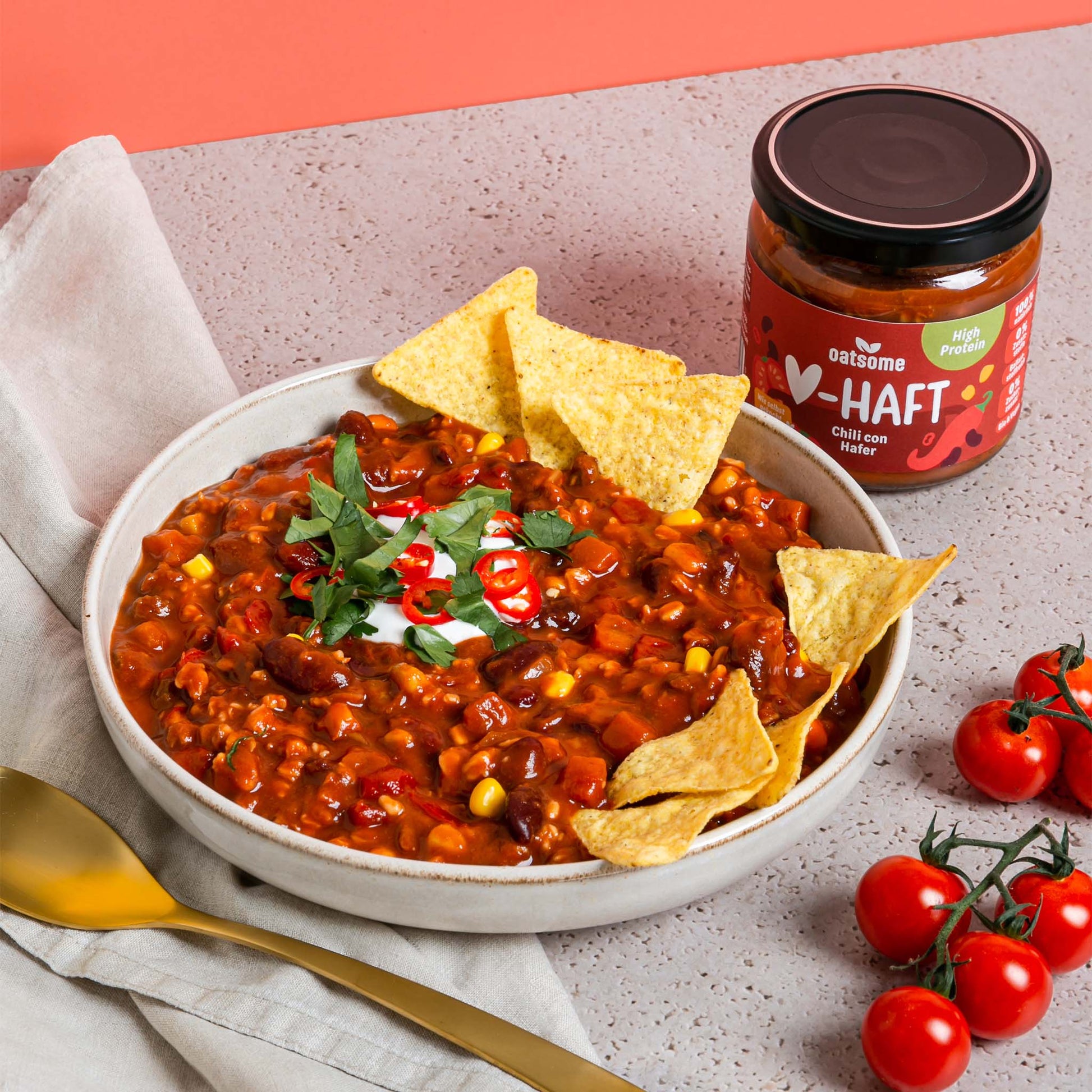 Zubereitetes Herzhaft Glas - Chili con Hafer Bowl